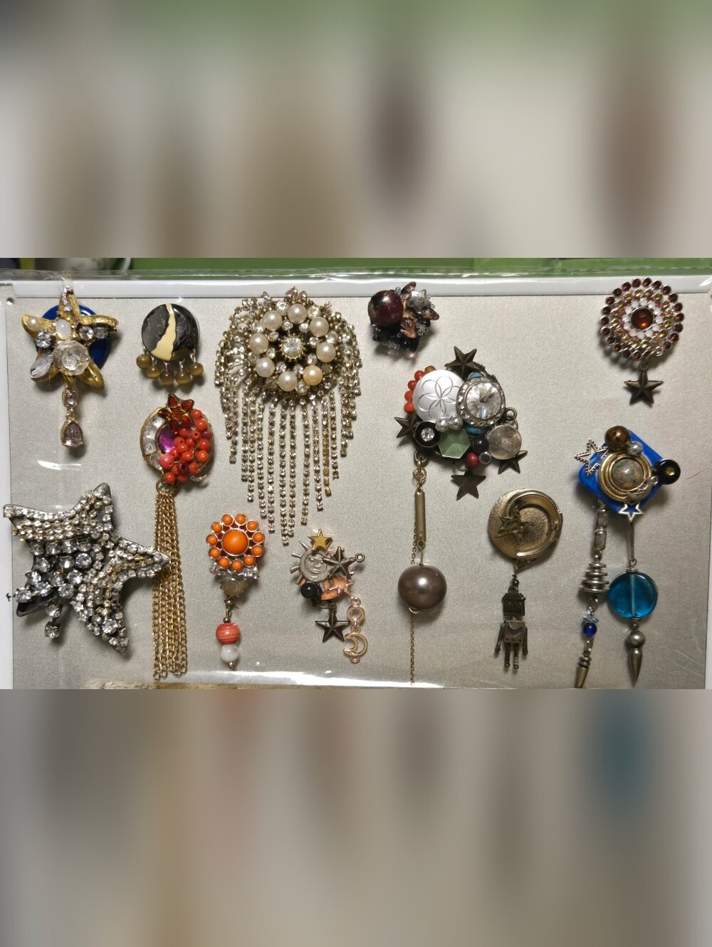 handmade refrigerator magnets made with vintage jewelry outer space robot star